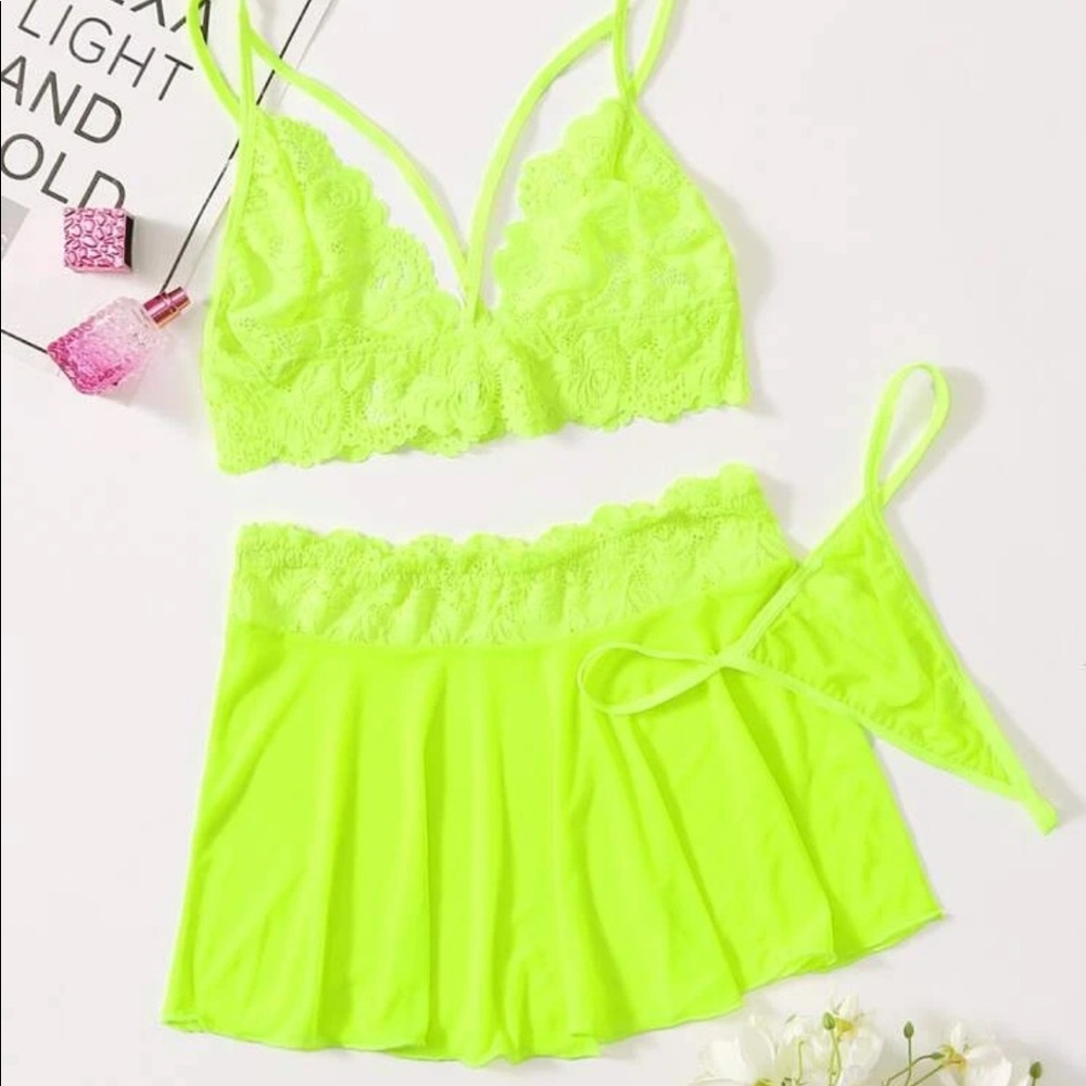 Neon lime lace thong lingerie set with pleated skirt
